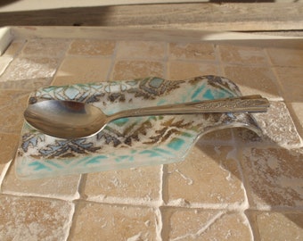 Spoon rest, fused glass, fused glass spoon rest, tribal spoon rest, tribal fused glass spoon rest, kitchen spoon rest, glass spoon rest