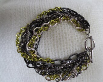Multi-Chain Bracelet - Peridot, Silver and Black
