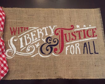 Liberty and Justice Placemats / America Burlap Placemats / Burlap Patrotic Placemats / Americana Placemats / Burlap Placemat / 4th of July