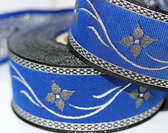 35 mm Blue Floral Jacquard trim (1.37 inches - vintage Ribbon - Decorative Craft Ribbon - Jacquard - Floral Jacquard Ribbon Trim