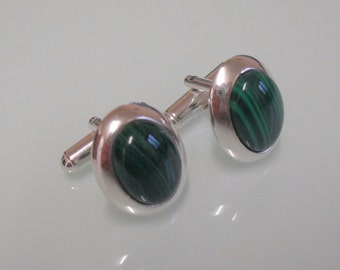 Brand New Classic Sterling Silver & Curved Malachite Oval 19 x 14mm Cufflinks