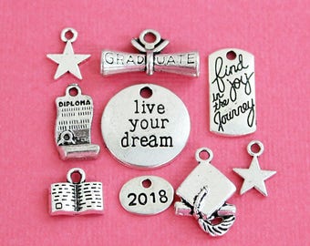 Graduation Charm Collection Antique Silver Tone 9 Different Charms Class of 2018 - COL195