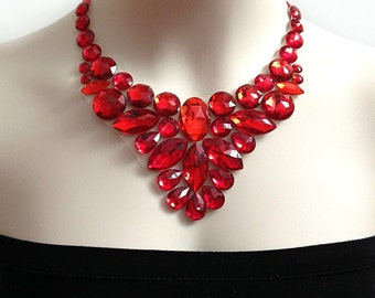 red bib necklace. red rhinestone statement necklace, christmas, wedding, bridesmaids, prom necklace