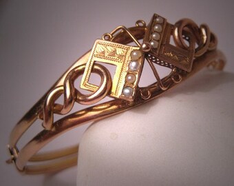 Antique Gold and Pearl Victorian Bangle Bracelet 14K Vintage