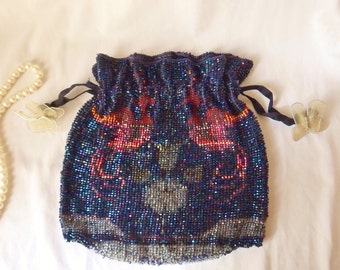 Pink Flamingo Beaded Drawstring Bag with Handmade Butterfly Pulls, Flamingo Reticule Purse with Bohemian Glass Beads