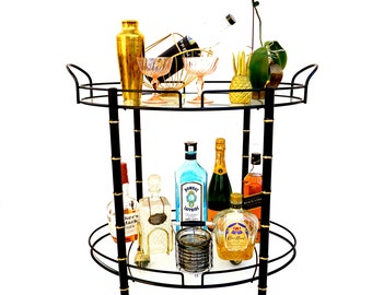 Vintage Faux Bamboo Bar Cart || Hollywood Regency Oval Shaped Two-Tier Black & Gold Metal Rolling Server || Chinoiserie Chic Versatile Cart