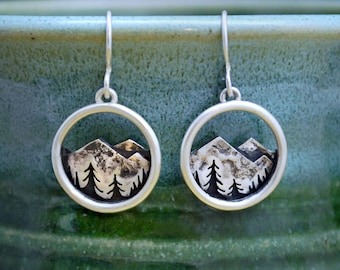 Mountain Range Dangle Earrings - Sterling Silver - Mountain and Trees Landscape - Artisan Metalwork Nature Earrings - Gift for Nature Lovers