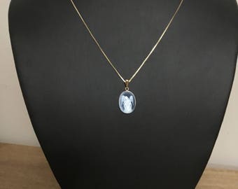 Antique Blue Agate And Gold Angel Cameo Pendant, Necklace
