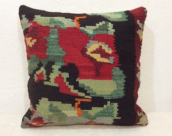 Kilim pillow cover 16" x 16" 40x40cm,Vintage,Handmade,Handwoven,Old kilim,Black,Home Decor,Turkish Kilim