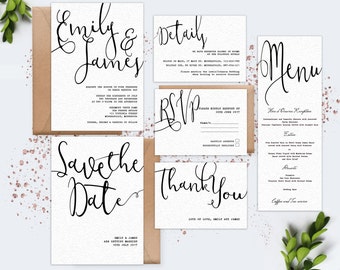 Digital Wedding Invitation Set Black and White calligraphy Modern Minimalist Simple Wedding invitation Printable contemporary wedding invite