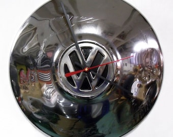 Retro VW Clock - Volkswagen Beetle Hubcap Clock - Volkswagon Bug - Chrome Wall Clock with Black Center