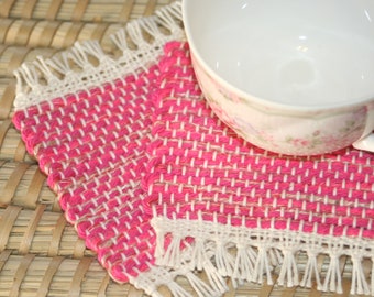Bright Pink Handwoven Coasters - Set of 2 Eco Friendly Mug Rugs - Woven Coasters in Pink Fuchsia