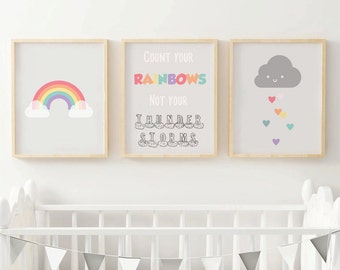 Set of 3, Rainbow Nursery Decor, Kids Prints, Grey Wall Art, Baby Gift, Count Your Rainbows, Cute Print, Nursery Art, Print Set, A5, A4, A3