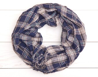 Checkered Scarf, plaid scarf, Blue Beige Scarf, womens scarves, valentines gift