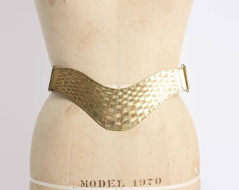 Vintage Woven BRASS BELT / 1980s Wide Brass Copper Silver Basketweave Metal Boho Belt