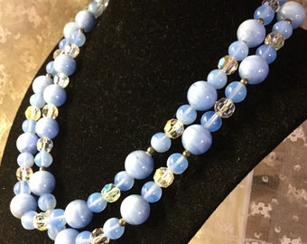 Stunning Clear Crystal Blue Glass Bead Single Strand Necklace Unsigned 1970’s 1980’s Luscious French Powder Blue Beads Feminine Woman