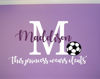 Soccer Name & Initial Princess Wall Decal - Soccer Princess Wall Decal - Sports Decal - Personalized Soccer Wall Decal - Girls Teen Decal