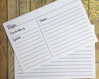 Double Sided Set of 50 Professionally Printed Recipe Cards - Simple Lined Black and White 4x6 Heavy Duty Recipe Cards