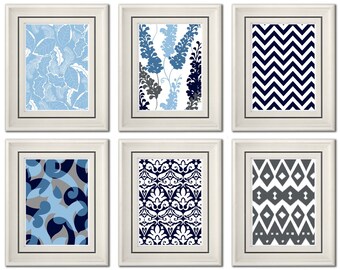 Set of Six Modern Blue/Navy Wall Art - 11x 16 Print Set - Home Decor (Unframed)
