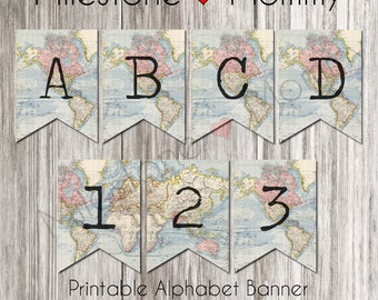 Birthday Banner Map, Travel Party Banner, Printable Banner Alphabet, DIY Banner, World Map Banner, DIGITAL DOWNLOAD, Birthday Bunting Map