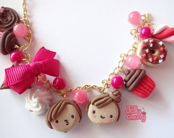 Red cupcake and cupple red charm bracelet, kawaii jewelry, cupple bracelet, donut, cupcake, cookie, marshmellow