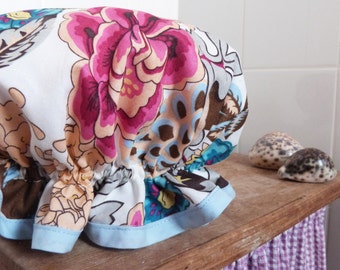 white chinoiserie floral frilly shower cap - made to order