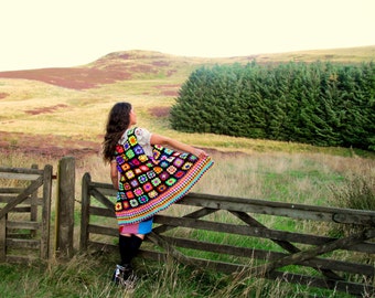 Sleeveless granny square colourful crochet jacket