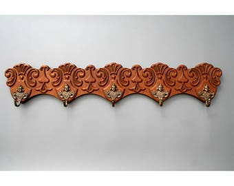 Ornate Vintage Wooden Coat Rack with 5 Spelter ( Metal) Hooks-Vintage European Coat Rack