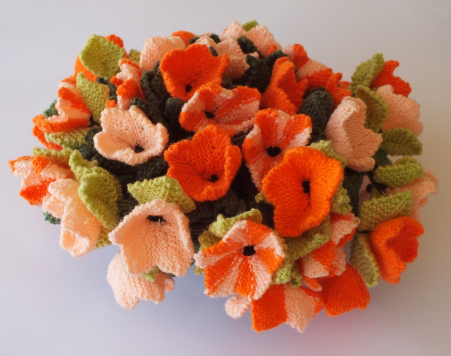 Knitting Pattern for flower hanging basket, Flowers and leaves knitting