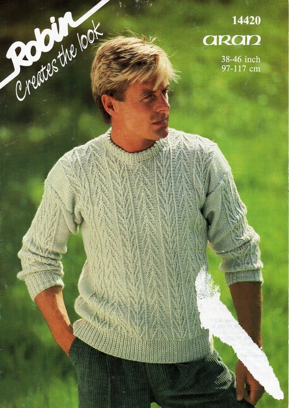 mens aran sweater knitting pattern pdf cable crew neck jumper