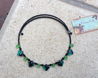 Emerald Green Glass & Jet Black Crystal Choker Necklace Minimalist Teens Tweens Kids Birth Month May Memory Wire Flower Girl Gift for Her