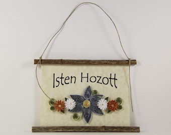 Isten Hozott, Hungarian Welcome, Paper Quilled Welcome Sign, 3D Quilled Banner, Blue Brown White Decor, Hungary Gift, Rustic Wall Decor