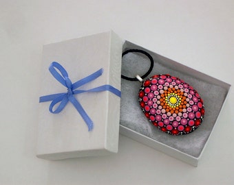 Mothers day gift for Grandmother Nana Mom mandala stones necklace painted rocks pink red dot art pendant gift ideas for her FREE SHIPPING
