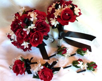 Red rose bouquet red white black wedding bouquet and boutonniere package