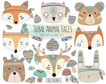 Tribal Animal Faces Clipart - Cute Clip Art, Woodland Clipart, Tribal Clipart, Animal Clipart, Cute Animals, Nursery Print