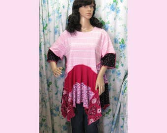 Dream Pink knit Tunic, up to 44" Bust, Junk Gypsy Style , Repurposed EcoFriendly, Hippie, Altered Couture Eclectic Tunic, Lagenlook, Q367