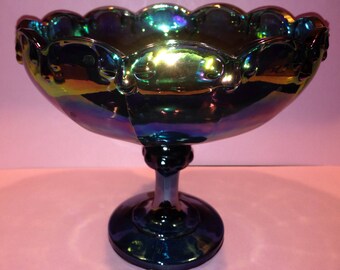 Vintage, Teal/Iridescent, glass pedestal bowl
