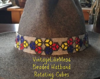 Off-Loom Hand Beaded Rotating Cubes Hat Band