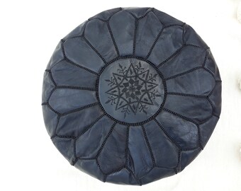 Handmade Moroccan Pouf, Genuine Leather Ottoman, All Black Color (Unstuffed)