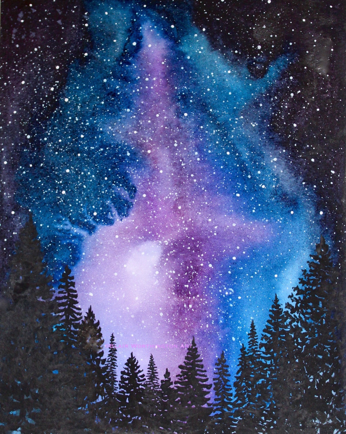 Starry Night Watercolor Art Print Trees Forest Northern Lights