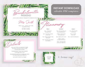 Printable Bachelorette Weekend Invitation, Hen party, Tropical, Palm Leaves, Weekend Itinerary, Instant download, Editable PDF, B103