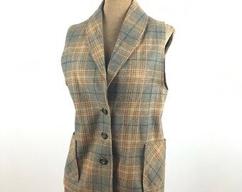 Plaid Wool Vest - Vintage Women's Wool Vest by Movin' Along - Brown Plaid Button Front Vest - 1970s Women's Fashion - Vintage Plaid Vest