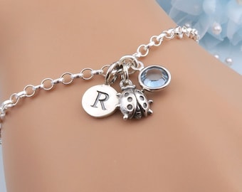 Silver Ladybug Bracelet, Personalized Initial Birthstone Bracelets, Ladybird Jewelry, Insect Charm Bracelet, Handmade Bracelets UK