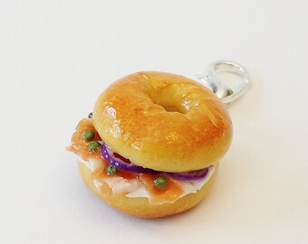 Lox and Cream Cheese Bagel Charm - Polymer Clay Food Charm - Miniature Food Jewelry - Bagel Jewelry - Smoked Salmon Bagel Charm