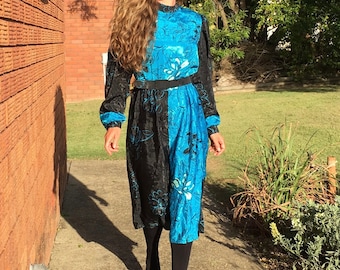 City Chic, Young Edwardian, Silky Belted Midi Dress, Aqua Blue and Black, Flower Print, Pleats, High Neckline, Size S Small