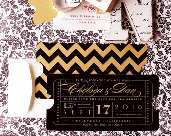 Vintage Ticket Wedding Save the Date - Bridal Shower, Rehearsal Dinner, Engagement, Birthday Party Invitation - Movie, Theater, Red Carpet