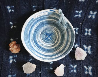 medium variegated indigo dyed rope bowl // natural indigo dyed // handmade in detroit // 100% cotton rope basket rope dish // ethically made