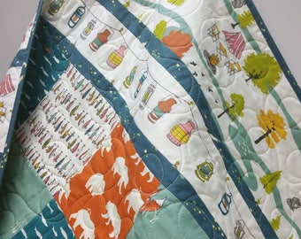 Organic Baby Quilt-Woodland Crib Bedding-Modern Rustic Bedding-Camping-Baby Quilts Handmade-Camping-Bear-Fishing-River-Blue-Fox Baby Blanket
