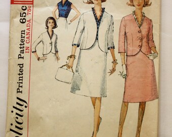 Vinatage Skirt Suit Pattern- Vintage 1960s Womens Skirt, Suit, and Ruffled Neck Blouse Sewing Pattern Size 13 Bust 33 Simplicity 5879