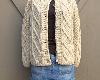 vintage Handmade Ivory Chunky Cable Knit Wool Cardigan Sweater / Fisherman Sweater